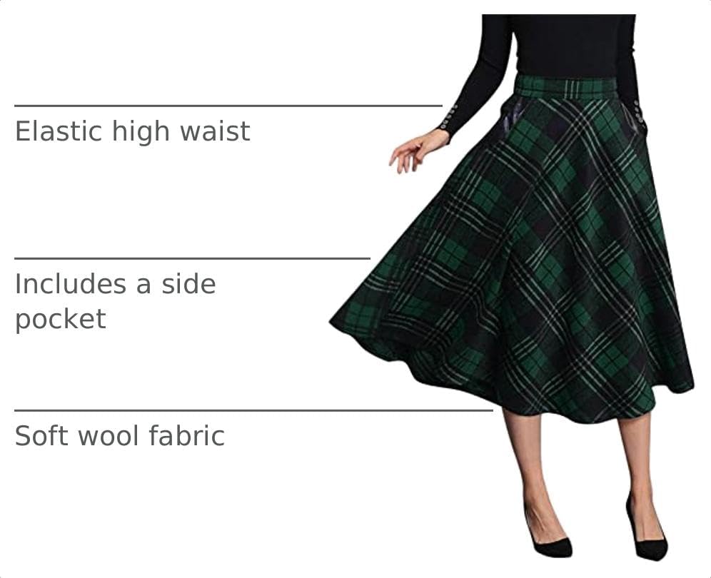 IDEALSANXUN Womens Plaid Wool Skirts Elastic Waist A-Line Pleated Tartan Long Skirts