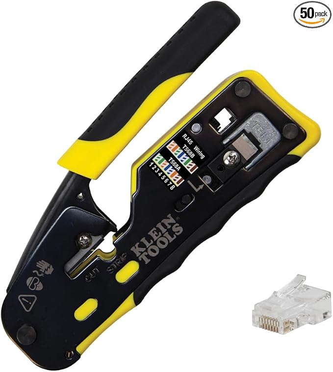 Klein Tools 80024 Ratcheting Data Cable and RJ45 Crimp Tool with CAT6 Plug 50-Pack, Pass Thru Installation Tool Kit
