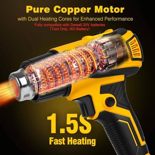 Cordless Heat Gun Compatible with Dewalt 20V Battery 350W Fast Heating 2-Temp Setting120℉-1110℉ Portable Hot Air Gun with LCD Display 4Nozzle for DIY shrink wrapping (Tool Only, Not Made by Dewalt)