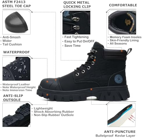 KELODON Waterproof Steel Toe Boots For Men 6 Inch Leather Steel Toe Shoes Non Slip Resistant Safety Work Boots Indestructible Lightweight Construction Boot