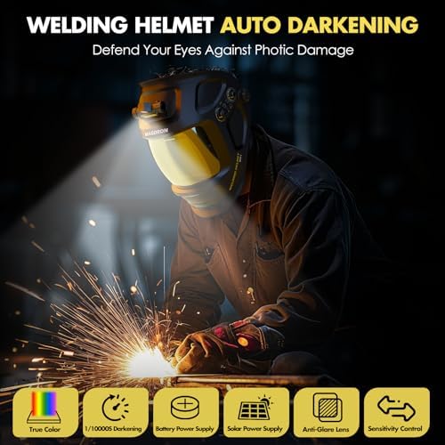 Welding Helmet Auto Darkening with Light, Large View 3.94" x 3.66", True Color Welding Hood Optical Clarity, 4 Arc Sensor Solar Powered, Wide Shade 3.5/5-9/9-13 Welding Mask for TIG MIG ARC Cut Grind