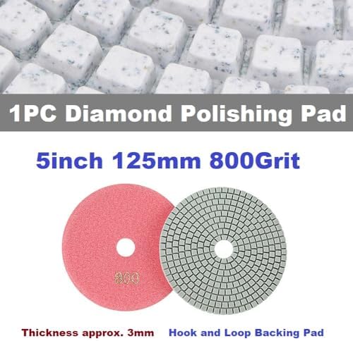 Diamond Polishing Pad, 5 inch 125 mm 800 Grit Sanding Discs for Grinder & Polisher, Hook and Loop Backing Pad for Grinding Buffing Granite Marble Concrete Stone (1 Piece)