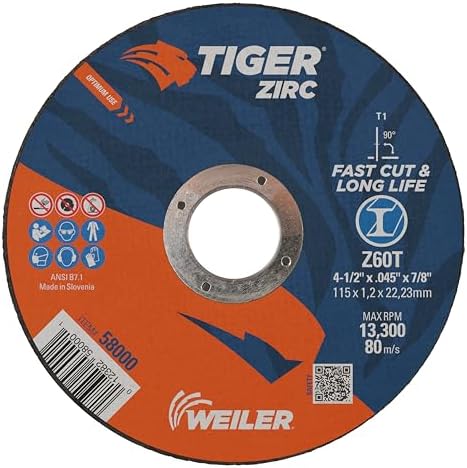 Weiler 58000 4-1/2 Inch Cutting Wheel, Tiger Zirc Steel/Metal Fast Cut & Long Life High Performance Cutting, .045" Z60T Type 1 7/8" Arbor, Pack of 25