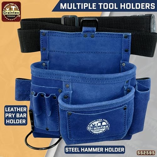 Graintex 5 Pocket Suede Leather Tool Belt/Bag, Multipurpose Leather Tool Belt for Women and Men, Ideal for Construction, Electrician, Handymen, Carpenter, Gardening Pouch & DIY Projects