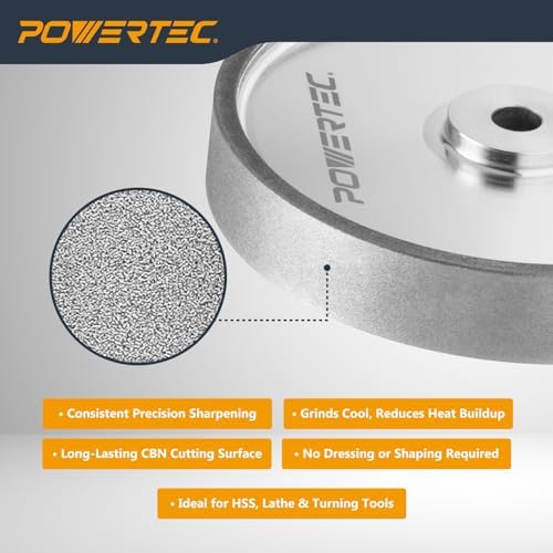 POWERTEC CBN Grinding Wheel 6 Inch 320 Grit, 1" Wide, 1/2" Arbor – Bench Grinder Sharpening Wheel for HSS Tools, Lathe Chisels, and Woodturning Tools (15703)