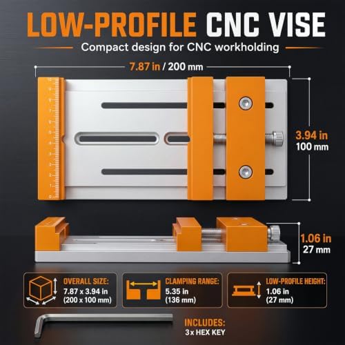 Low Profile Aluminum Mini Cnc Vise for Router Machine, Workholding Clamp for Wood & Metal Milling, 7.87"x3.94", 136mm Clamping Range, Precision Bench Vise for 3018/4040 Desktop Cnc Router