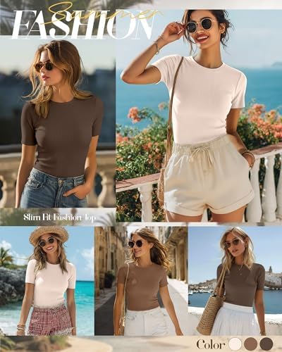 Ficerd 3 Pack Women's Ribbed Short Sleeve T-Shirts