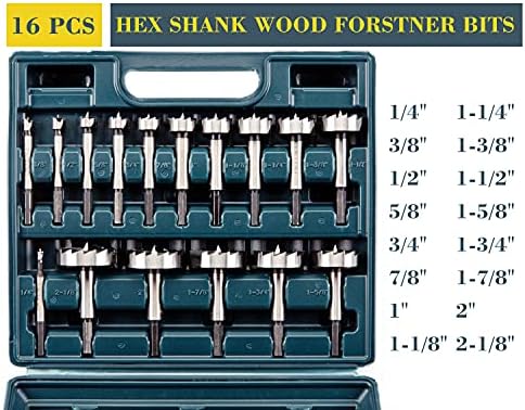 INTOO Hex Shank Forstner Bit Set 16 pcs Multi Sided Shank Wood Drill bit Set