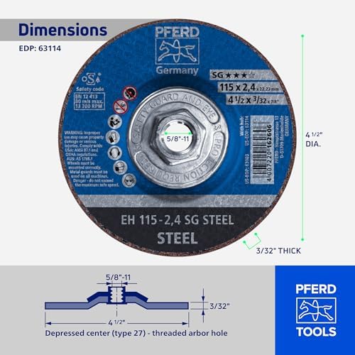 PFERD SG Steel Type 27 Cut-Off Wheel, 4-1/2" x 3/32" x 5/8"-11, Aluminum Oxide, 13,300 RPM – High-Performance Metal Cutting Disc for Steel & Stainless Steel (Pack of 10) – Part 63114