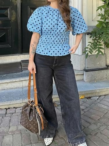 Cicy Bell Women Polka Dot Peplum Blouse Round Neck Puff Sleeve Summer Top