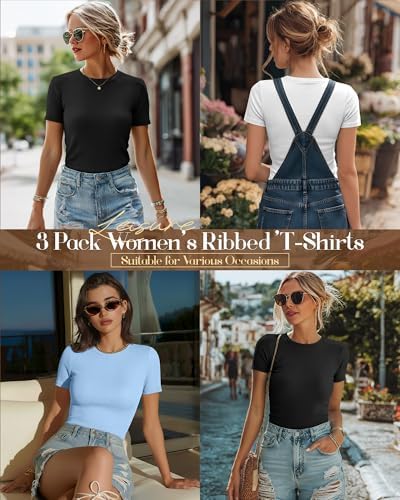 Ficerd 3 Pack Women's Ribbed Short Sleeve T-Shirts
