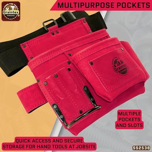 Graintex 5 Pocket Suede Leather Tool Belt/Bag, Multipurpose Leather Tool Belt for Women and Men, Ideal for Construction, Electrician, Handymen, Carpenter, Gardening Pouch & DIY Projects