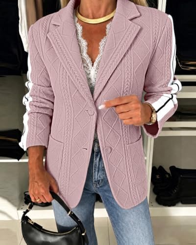 CHICME Women's Argyle Cable Jacquard Tape Sleeve Button Work Travel Blazer