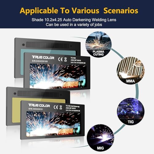 Gold Shade 10 Auto Darkening Welding Lens 2x4 1/4,True Color Blue Welding Lens,True Color Technology,Solar Charging,Fit Most Pancake and Pipeliner Welding Hoods,Auto Darkening Welding Lens 2x4.25