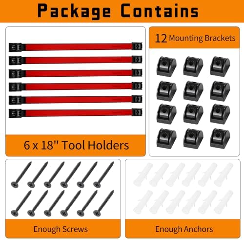18" Magnetic Tool Holder Strip, 6 Pieces Red Metal Tool Organizer Rack with Stainless Steel Surface, Magnet Bar for Garage Workshop, Easy To Install with Mounting Screws