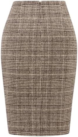 IDEALSANXUN Plaid Skirts for Women Fall Winter Knee Length Pencil Wool Skirt with Slit