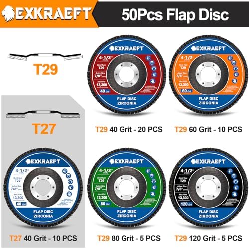EXKRAEFT Flap Discs 4 1/2 for Angle Grinder, 50pcs Grinder Sanding Disc