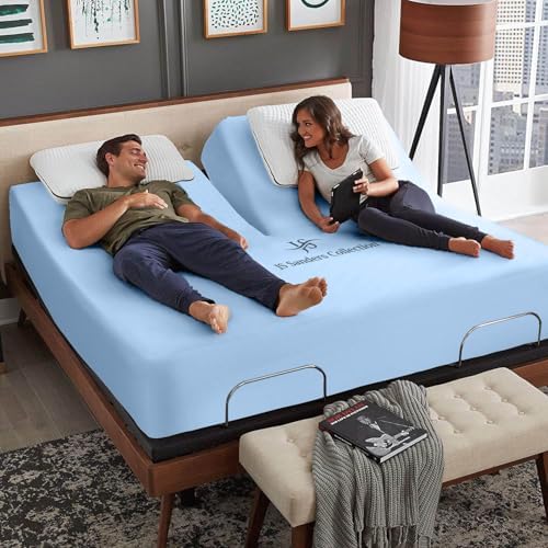 JS Sanders Collection 600TC Flex Top Queen Sheets for Sleep Number Bed - 100% Cotton 4 Pcs Top Split Queen Sheets for Adjustable Bed Queen 30 Inch Down Light Blue -18 Inch Deep