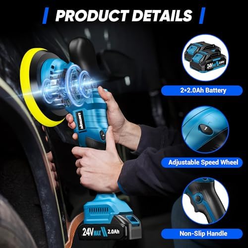 LDHTHOPI 23PCS Cordless Buffer Polisher Kit with 2×2.0Ah Battery & Charger, 10000RPM 1600W High Power Car Polisher with 6 Variable Speed, 17 Buffing Pads for Car Polishing Waxing Detailing