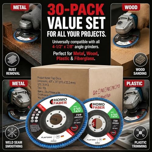 HOMO FABER 30 Pack Flap Discs 4 1/2 for Angle Grinder,120 Grit Zirconia T29
