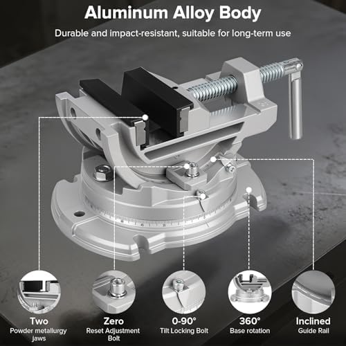 Multi-Angle Bench Clamp with Heavy-Duty Vise Function: 0-90° Tilt, 360° Swivel Base, 3" Jaw, Cast Iron & Powdered Metallurgy Jaws for Woodworking, Drilling, Milling DIY