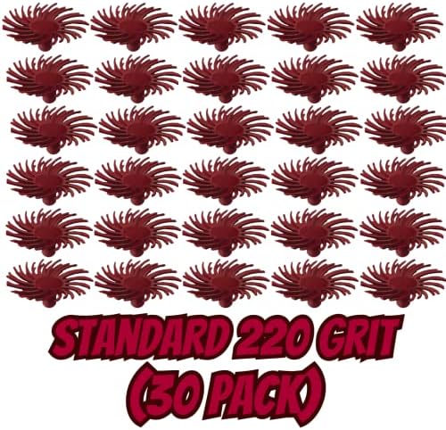 Dedeco Sunburst Radial Bristle Discs - 1/2” (12mm) Dia, Snap On, TC Bristles - Cleaning Buffer Polisher Rotary Tool Accessories, Standard 220 Grit, Red Aluminum Oxide - 30 Piece Per Pack