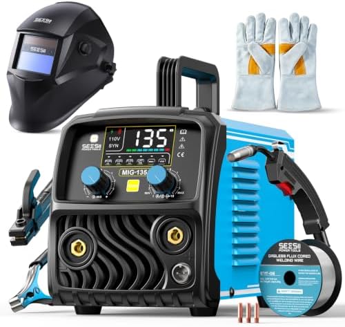 SEESII 135A MIG Welder Kit - Gasless Flux Core, Lift TIG, Stick 3-in-1 Welding Machine with Auto-Darkening Helmet & Gloves, 110V Portable IGBT Inverter Welder with Smart Digital Display