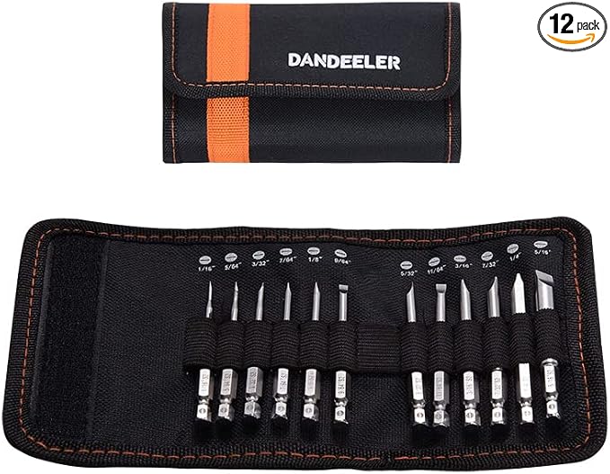 Dandeeler 12 Piece Flat Head Drill Bit Set Slotted Bits SAE 3" Long, S2 Steel, with Tool Bag