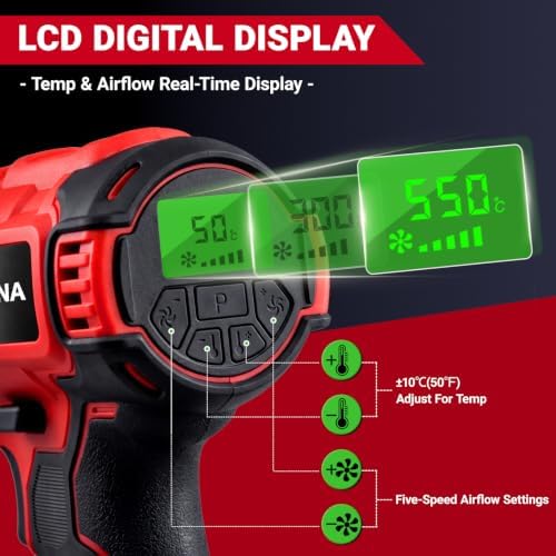 Wayona Cordless Heat Gun Compatible with Milwaukee M18 Battery (No Battery), 350W High Power Hot Air Gun with LCD Digital Display Variable Temperature Control 50℃~550℃ (122℉~1022℉) for Shrink Tubing