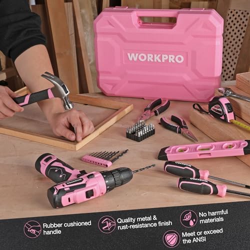WORKPRO 12V Cordless Pink Drill Set for Women, Home Tool Kit with Tool box