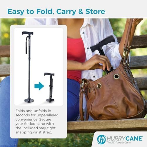 HurryCane Freedom Edition Foldable with T Handle Walking Cane for Men & Woman (Blue) Bundle with PremGear Cane Holder, Compatible with HurryCane