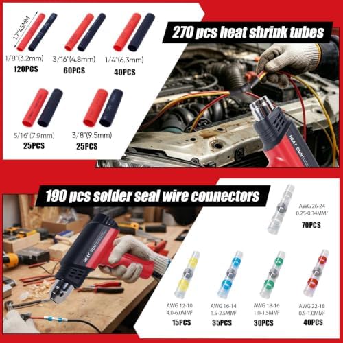 2000W Heat Gun Kit with 460PCS 10–26 AWG Solder Seal Wire Connectors & Waterproof Heat Shrink Tubing, Compact Hot Air Gun 140℉-1202℉ with 4 Nozzles for Automotive, Marine & Wiring Repair