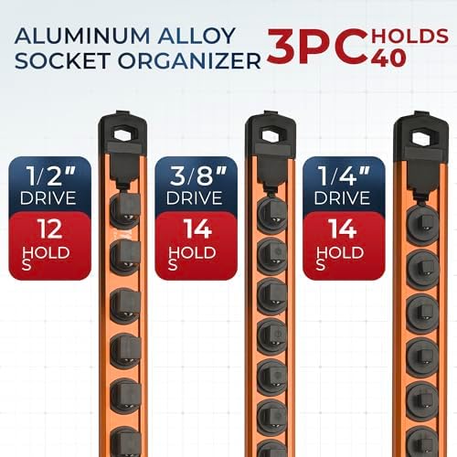 Reniteco Magnetic Socket Organizer Set, 3-Piece 1/2" 3/8" 1/4" Drive Aluminum Alloy Socket Holder with 40PC 360° Swivel Removable Clips, Magnetic Socket Rail for Tool Box Drawer, Orange