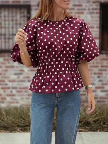 Cicy Bell Women Polka Dot Peplum Blouse Round Neck Puff Sleeve Summer Top