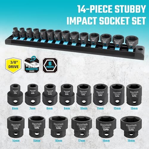 DURATECH 3/8" Drive Stubby Impact Socket Set, 14-Piece, 6-19mm | Low Profile Impact Sockets, Metric, Cr-Mo Steel, Magnetic Storage Rail