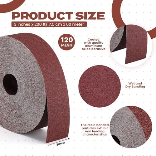 120 Grit Abrasive Sandpaper Roll 3''x 200 ft Drum Sander Sand Paper Roll Emery Cloth Rolls for Drum Sander Continuous Paper Wood Automotive Polishing