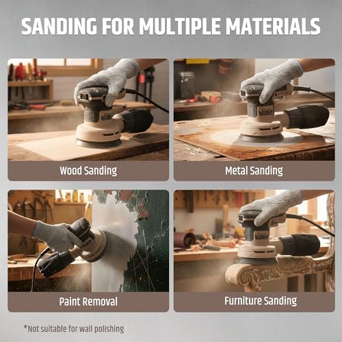 5-Inch Random Orbital Sander, 2.6Amp 320W Variable Speed (8000–13000RPM) Electric Sanders for Wood & Metal, Low Vibration, Aluminum Fan Blades, 15 Sandpapers, Dust Bag Included