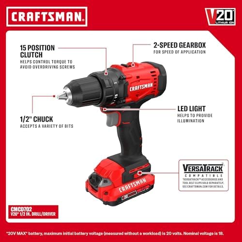 CRAFTSMAN V20 Cordless Drill Driver and Impact Driver, 2 x 2Ah Lithium Ion Battery and Charger, Two Power Tools, 1700 RPM 1/2 In. Electric Drill, 1800 Torque 1/4 Impact Screwdriver (CMCK201D2)