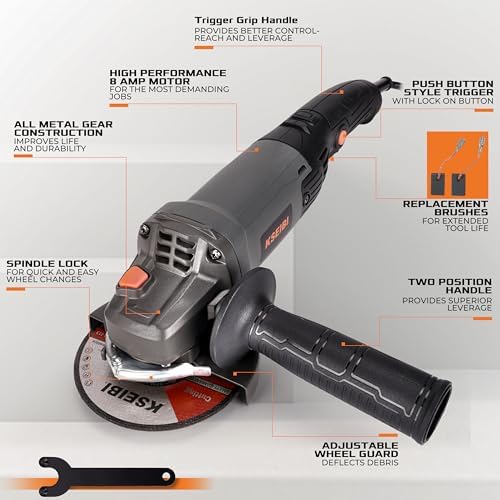KSEIBI 711943K Angle Grinder Tool - 4 1/2 inch, 950W, 8Amps, 11000RPM, Corded Power Tools Long Handle with 7/8" Arbor Grinding and Cutting Wheels, Flap Disc, Quick Adjustable Guard, and Storage Bag
