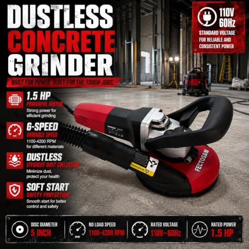 1100W Dustless Concrete Grinder, 5-Inch Surface Grinding Tool with Vacuum Dust Collection, 6-Speed Variable Control (1100-4200 RPM), Diamond Cup Wheel for Concrete, Masonry & Coating Removal