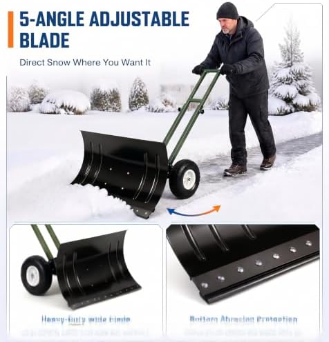 GarveeLife Wheeled Snow Shovel - 29in Steel Blade, 10in Wheels Army Green