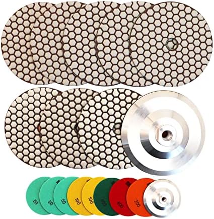 Dry Diamond Polishing Pads - 8pcs 5 inch (#50x3,#100x2,#200x1,#400x1,#800x1) Sanding Pads Kit for Granite Marble Ceramic Used on Angle Grinder or Polisher, with Aluminum Backing Pads+ Adapter 5/8”-11
