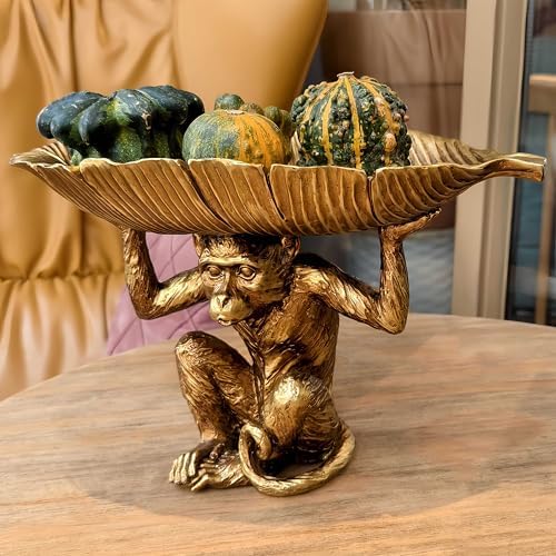 13.2'' L Monkey Fruit Tray Key Jewelry Dish Resin Statue Gold | resin catchall tray plates high bowl containers organizers for table entryway entry dresser counter gift
