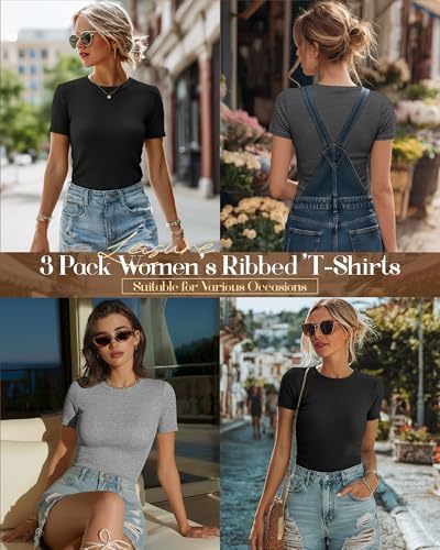 Ficerd 3 Pack Women's Ribbed Short Sleeve T-Shirts