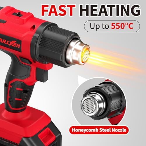 FULLYEA 21V Cordless Heat Gun, 572℉-1022°F, with 5 Nozzles & Portable Case