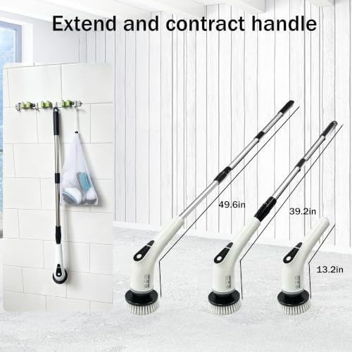 Electric Spin Scrubber for Bathroom Shower Scrubber with Long Handle 5 peeds 2Hrs Runtime 8 Brush Heads IPX7 Waterproof Kitchen Sink Bathroom Tile car Fish Tank