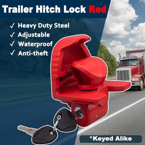 Trailer Hitch Lock 3 Pack-Keyed Alike for 1-7/8", 2", 2-5/16" Couplers, Red