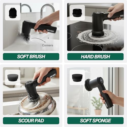 SonicPower Electric Spin Scrubber – Handheld & Ergonomic, IPX7 Waterproof, 4 Multi-Purpose Brush Heads, Long-Lasting Rechargeable Battery – Cleans Dishes, Bathroom, Tile, Grout & Kitchen (Black)
