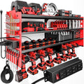 POKIPO Large Power Tool Organizer Wall Mount with Charging Station,4 Layer Heavy Duty Metal Tool Storage Shelf Loads 600lbs,Battery Utility Rack With 4 Outlet Power Strip with 8 Cordless Drill Holder
