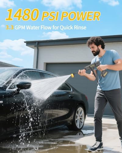 Cordless Portable Washer, 1480 PSI Battery Operated Washer with All-Copper Motor, Battery, 23FT Hose, Storage Bag; Handheld Washer; Lightweight Car Washer for Home, Garden (Titan Yellow)